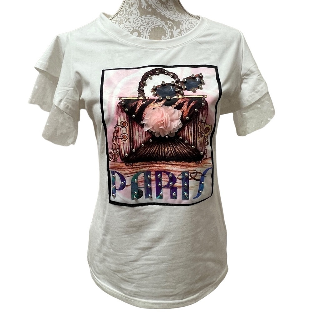 Paris Fashion Boutique Tulle Sleeve White Fitted Graphic Tee, Large…NWOT